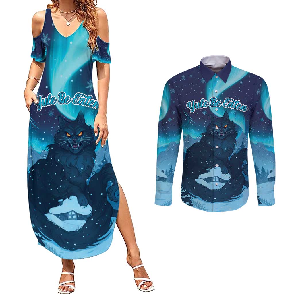 Yule Be Eaten Personalized Couples Matching Summer Maxi Dress and Long Sleeve Button Shirt Christmas Cat Jolakotturinn Icelandic - Wonder Print Shop