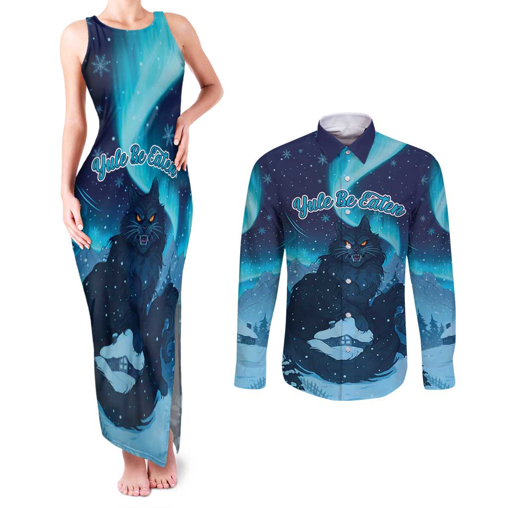 Yule Be Eaten Personalized Couples Matching Tank Maxi Dress and Long Sleeve Button Shirt Christmas Cat Jolakotturinn Icelandic - Wonder Print Shop