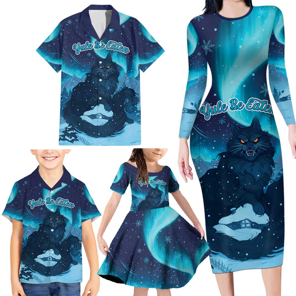 Yule Be Eaten Personalized Family Matching Long Sleeve Bodycon Dress and Hawaiian Shirt Christmas Cat Jolakotturinn Icelandic - Wonder Print Shop