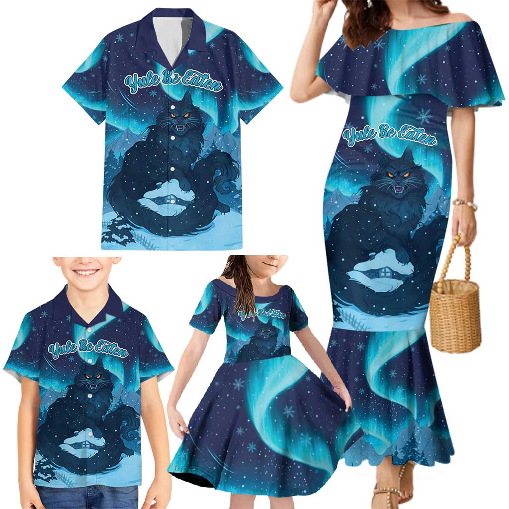 Yule Be Eaten Personalized Family Matching Mermaid Dress and Hawaiian Shirt Christmas Cat Jolakotturinn Icelandic - Wonder Print Shop