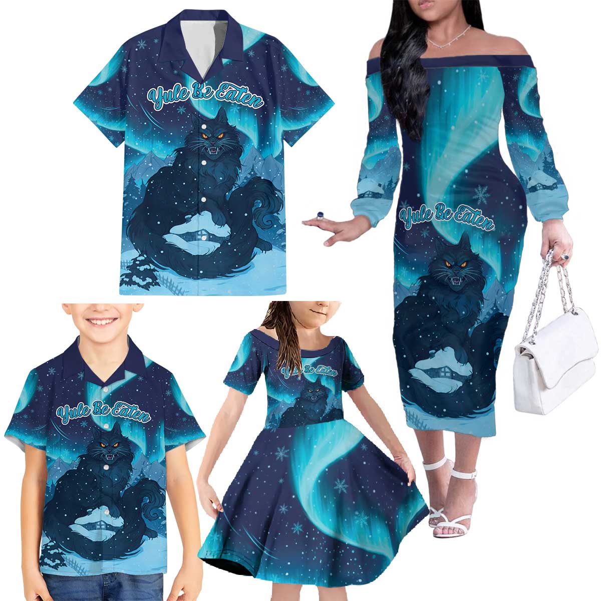 Yule Be Eaten Personalized Family Matching Off The Shoulder Long Sleeve Dress and Hawaiian Shirt Christmas Cat Jolakotturinn Icelandic - Wonder Print Shop