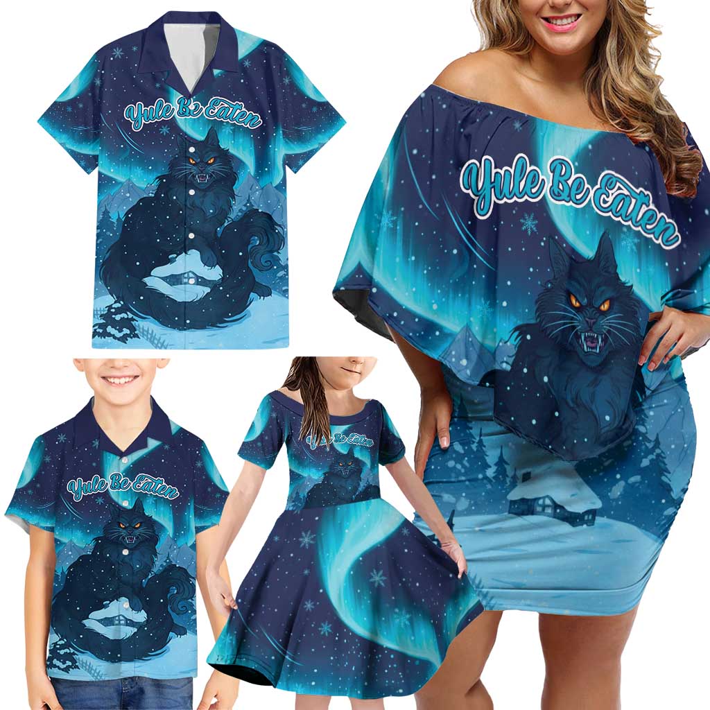 Yule Be Eaten Personalized Family Matching Off Shoulder Short Dress and Hawaiian Shirt Christmas Cat Jolakotturinn Icelandic - Wonder Print Shop