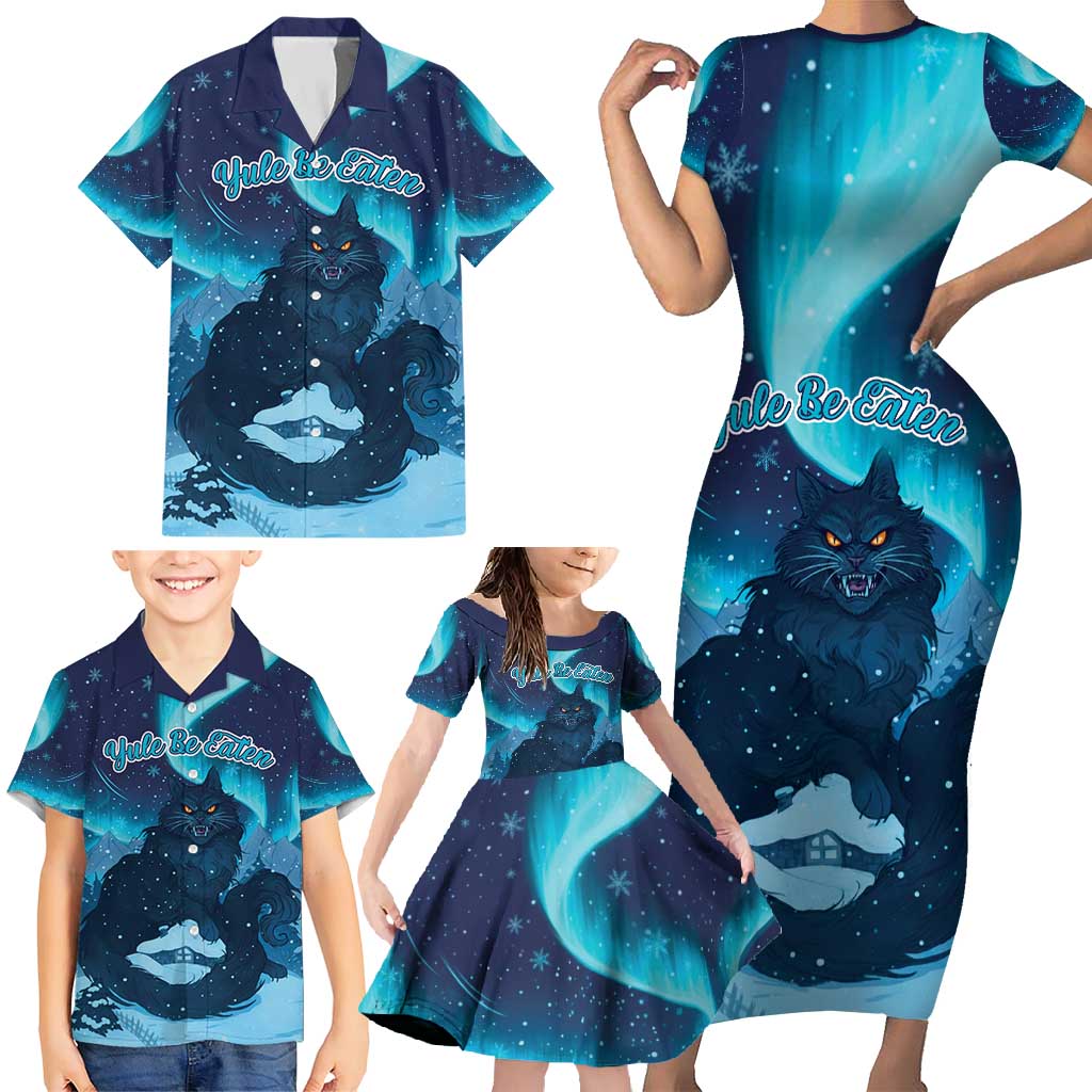 Yule Be Eaten Personalized Family Matching Short Sleeve Bodycon Dress and Hawaiian Shirt Christmas Cat Jolakotturinn Icelandic - Wonder Print Shop