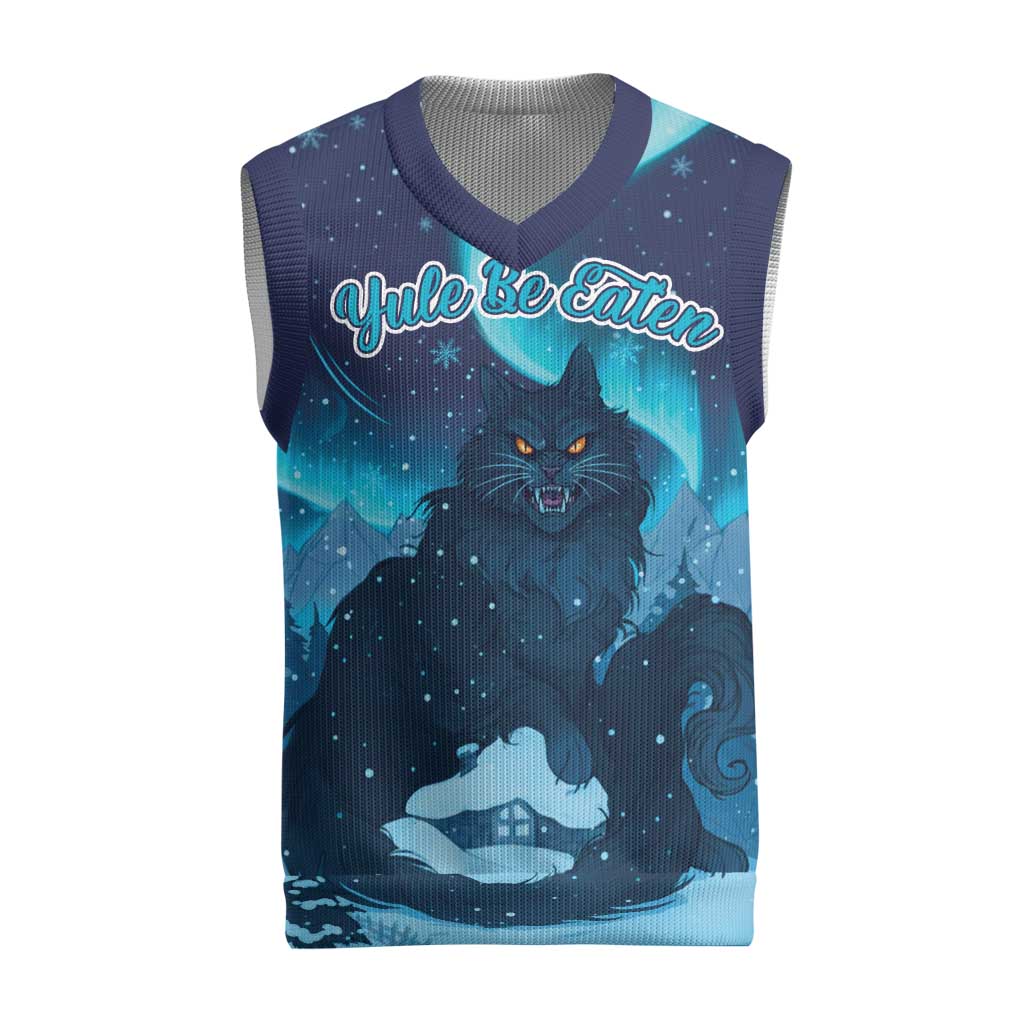 Yule Be Eaten Personalized Christmas Knitted V-Neck Vest Christmas Cat Jolakotturinn Icelandic - Wonder Print Shop