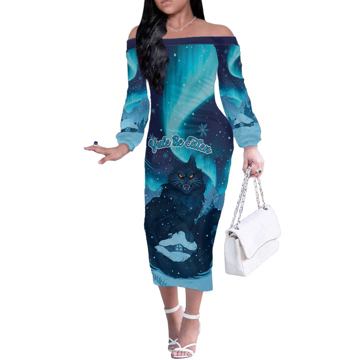 Yule Be Eaten Personalized Off The Shoulder Long Sleeve Dress Christmas Cat Jolakotturinn Icelandic - Wonder Print Shop