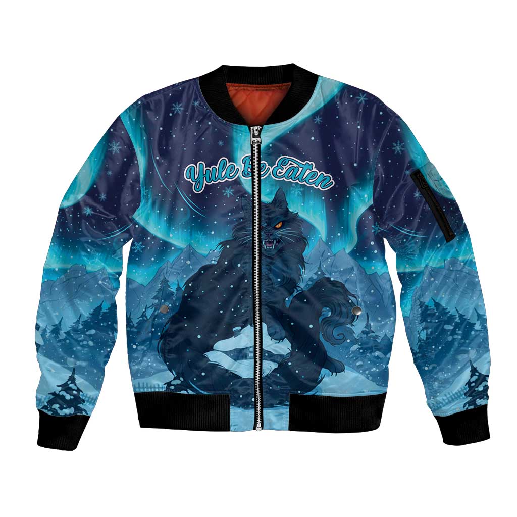 Yule Be Eaten Personalized Sleeve Zip Bomber Jacket Christmas Cat Jolakotturinn Icelandic - Wonder Print Shop