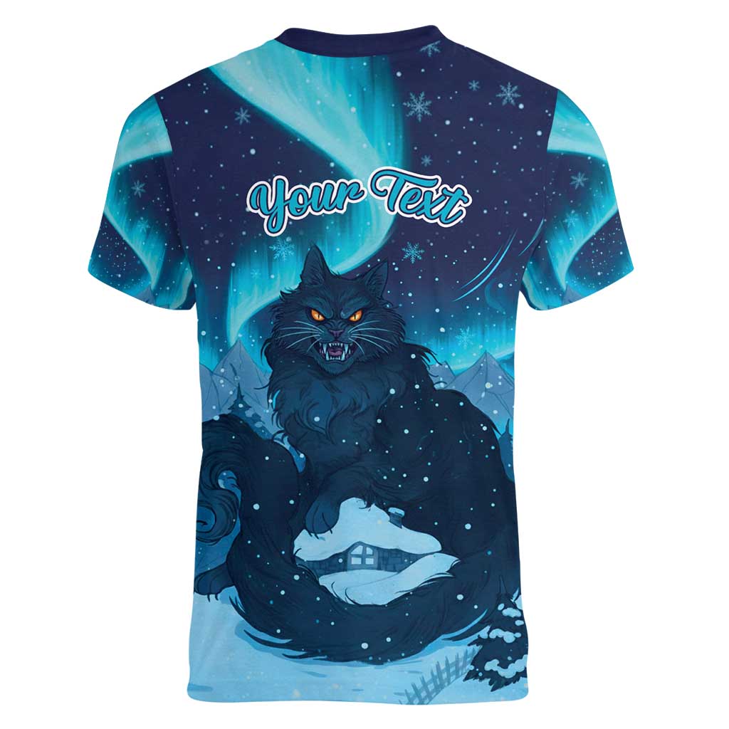 Yule Be Eaten Personalized Women V-Neck T-Shirt Christmas Cat Jolakotturinn Icelandic - Wonder Print Shop