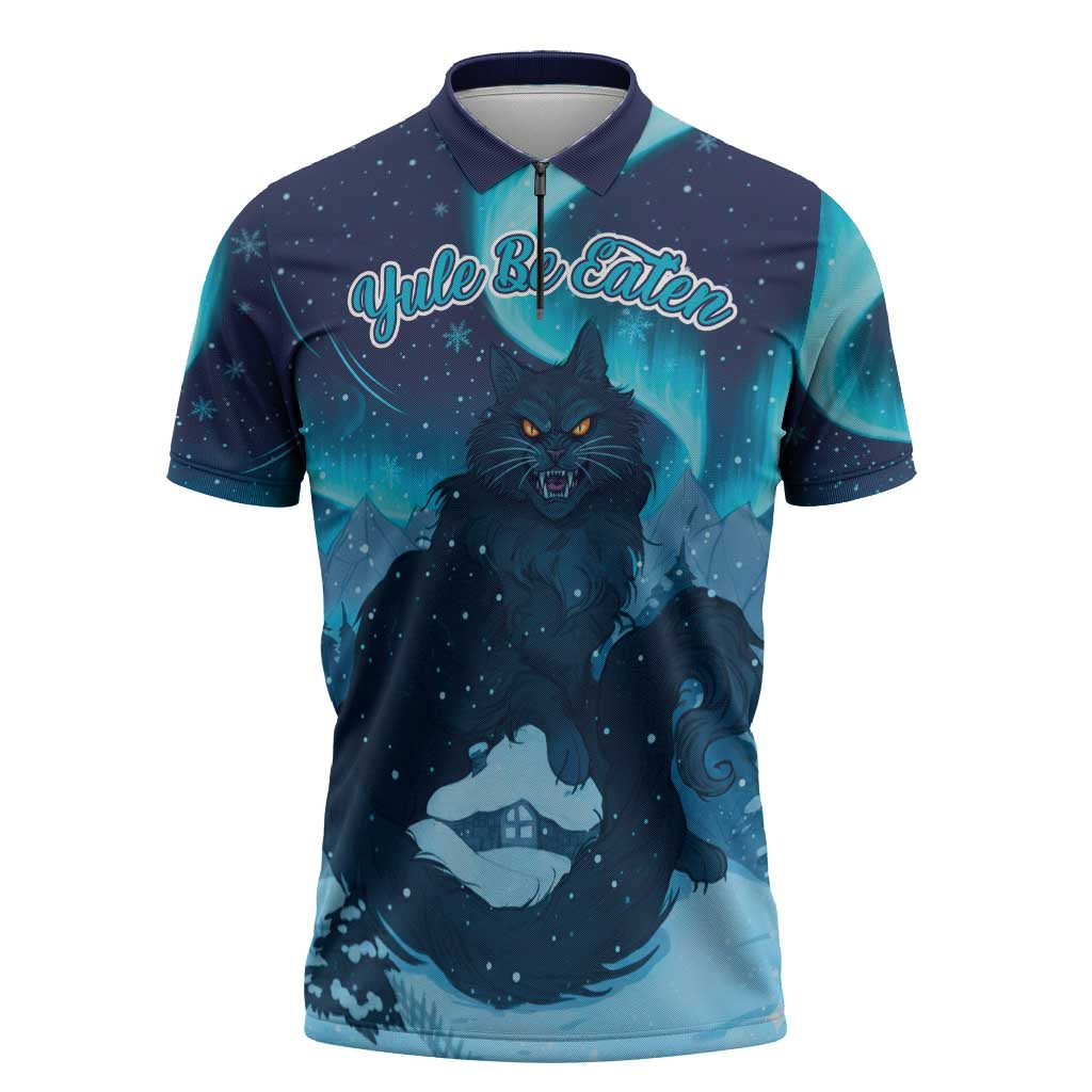 Yule Be Eaten Personalized Zipper Polo Shirt Christmas Cat Jolakotturinn Icelandic - Wonder Print Shop