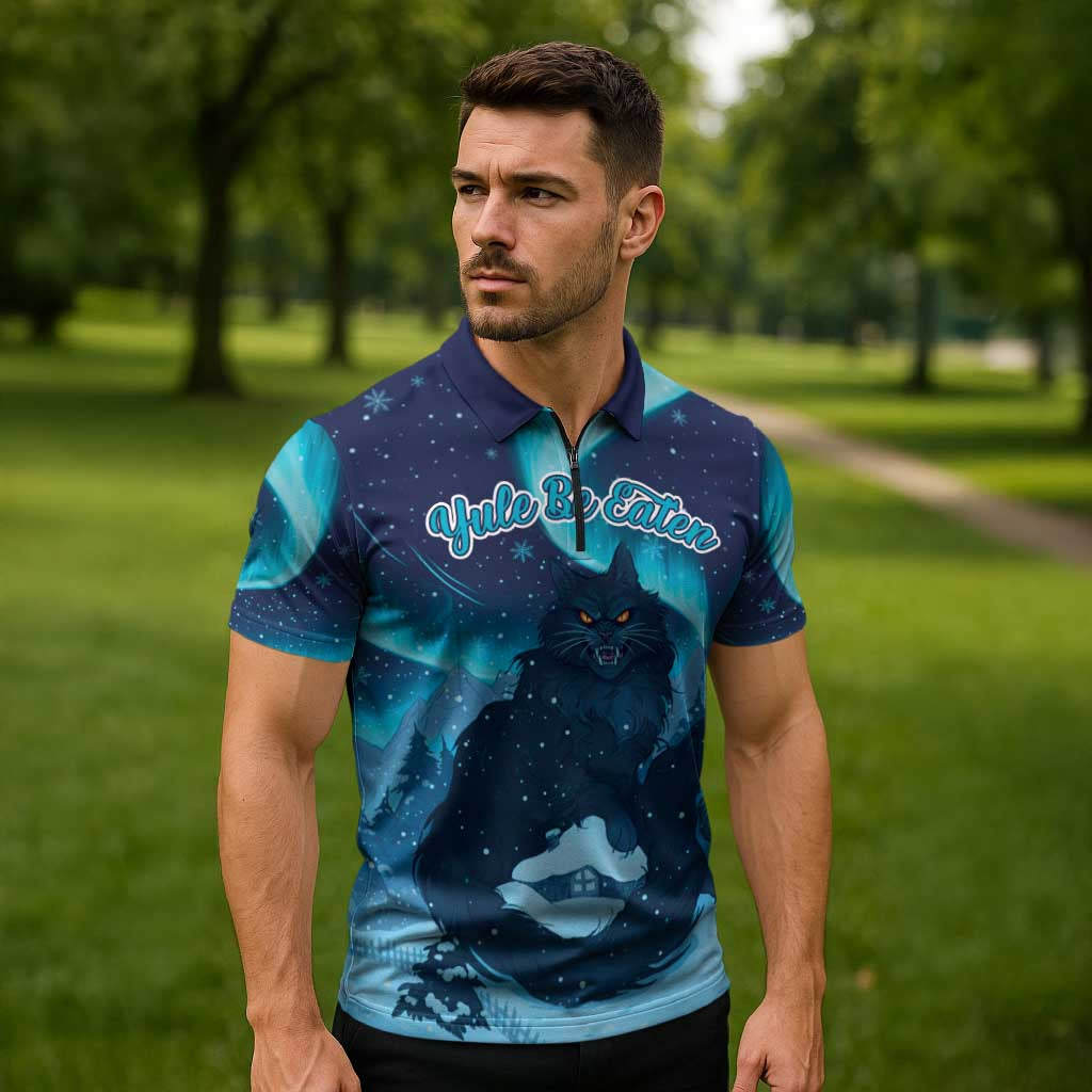 Yule Be Eaten Personalized Zipper Polo Shirt Christmas Cat Jolakotturinn Icelandic - Wonder Print Shop