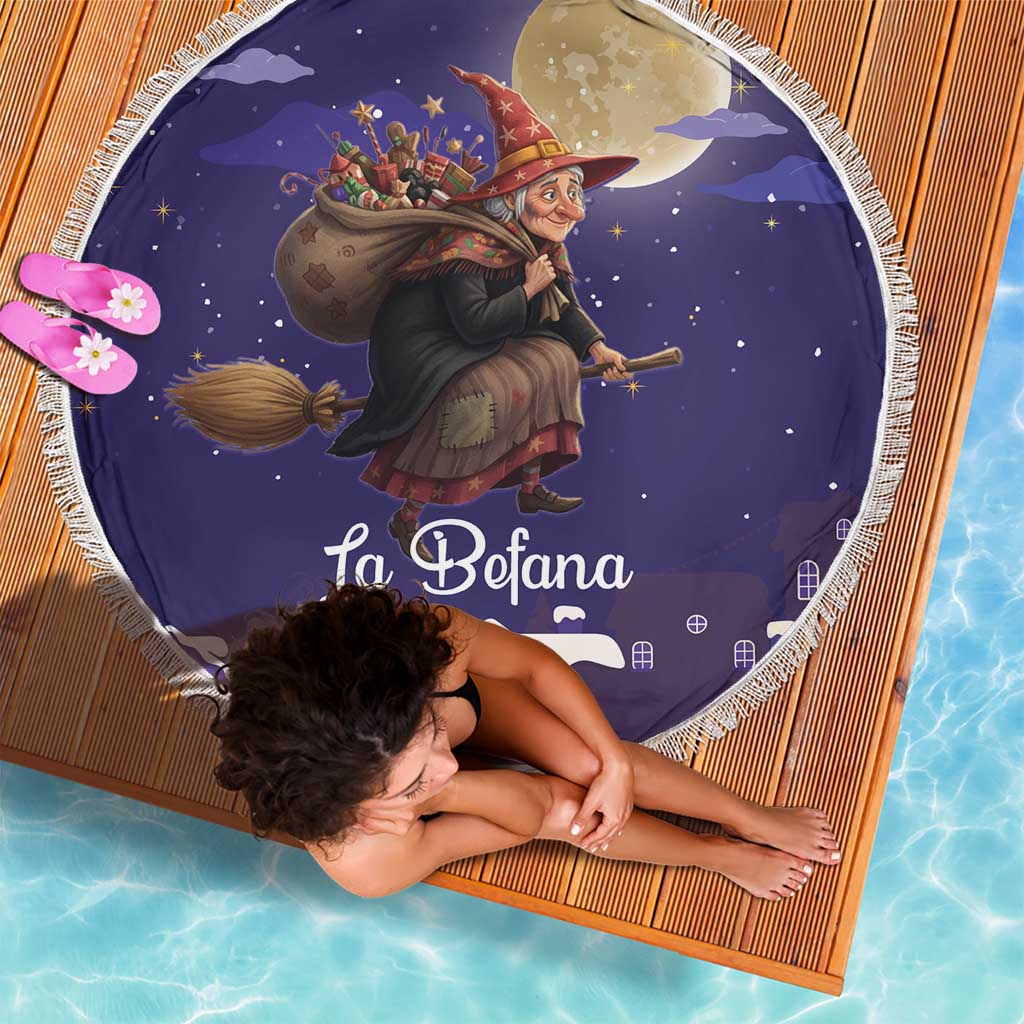 Italy Christmas Beach Blanket La Befana Flying Over Winter Night - Wonder Print Shop