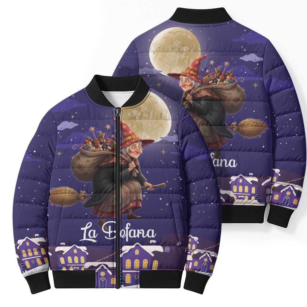 Italy Christmas Bomber Puffer Jacket La Befana Flying Over Winter Night - Wonder Print Shop