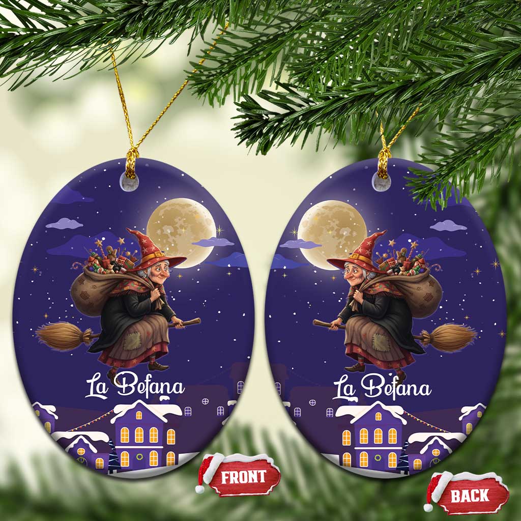 Italy Christmas Ceramic Ornament La Befana Flying Over Winter Night - Wonder Print Shop