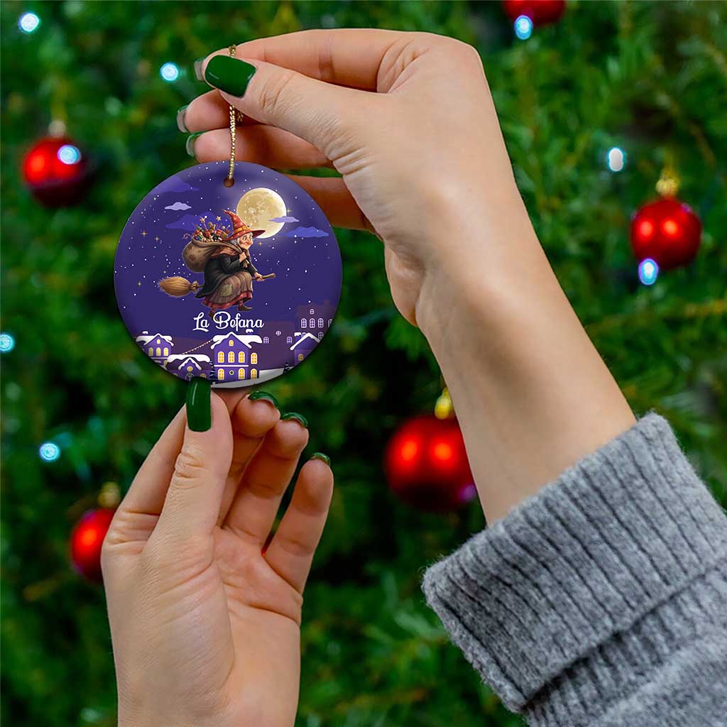 Italy Christmas Ceramic Ornament La Befana Flying Over Winter Night - Wonder Print Shop