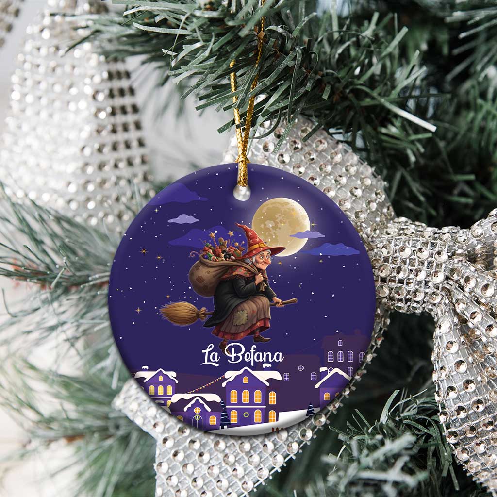 Italy Christmas Ceramic Ornament La Befana Flying Over Winter Night - Wonder Print Shop