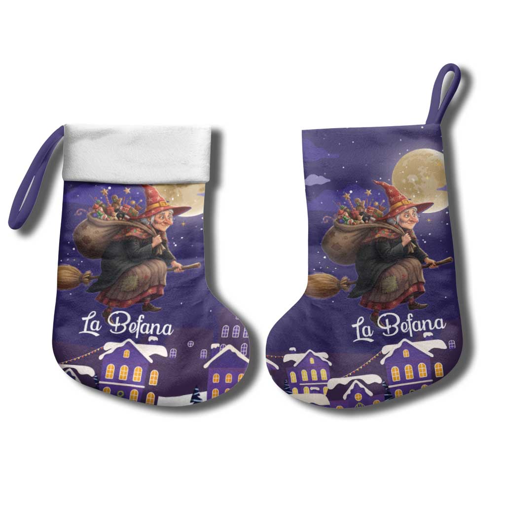 Italy Christmas Stocking La Befana Flying Over Winter Night - Wonder Print Shop