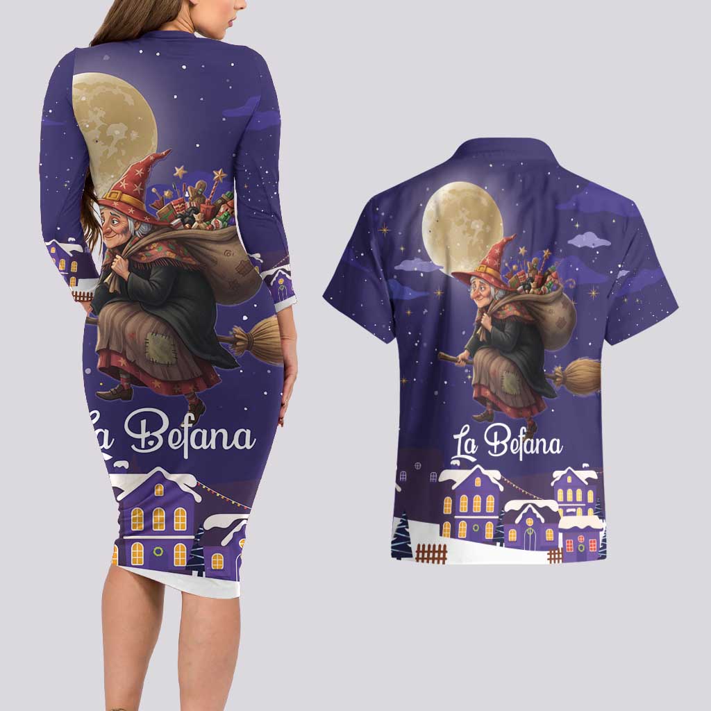 Italy Christmas Couples Matching Long Sleeve Bodycon Dress and Hawaiian Shirt La Befana Flying Over Winter Night - Wonder Print Shop