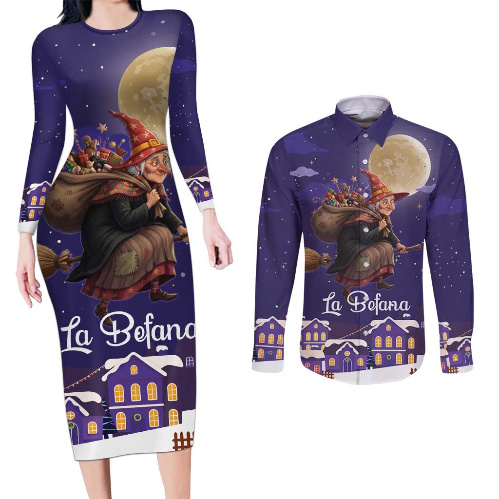 Italy Christmas Couples Matching Long Sleeve Bodycon Dress and Long Sleeve Button Shirt La Befana Flying Over Winter Night - Wonder Print Shop