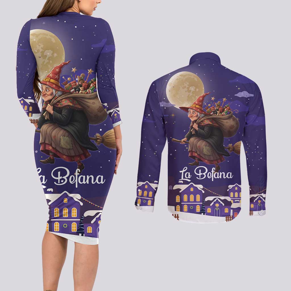 Italy Christmas Couples Matching Long Sleeve Bodycon Dress and Long Sleeve Button Shirt La Befana Flying Over Winter Night - Wonder Print Shop