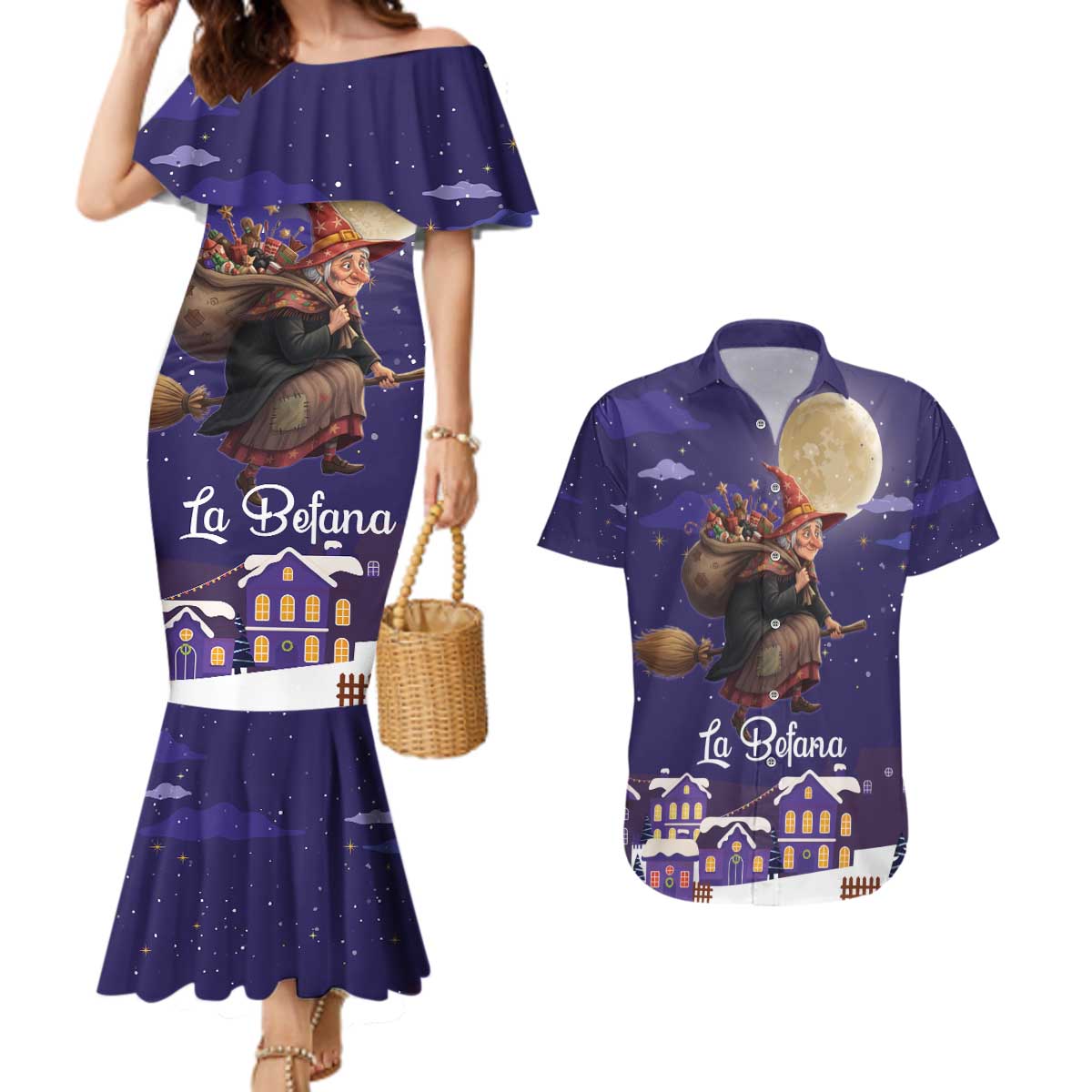 Italy Christmas Couples Matching Mermaid Dress and Hawaiian Shirt La Befana Flying Over Winter Night - Wonder Print Shop