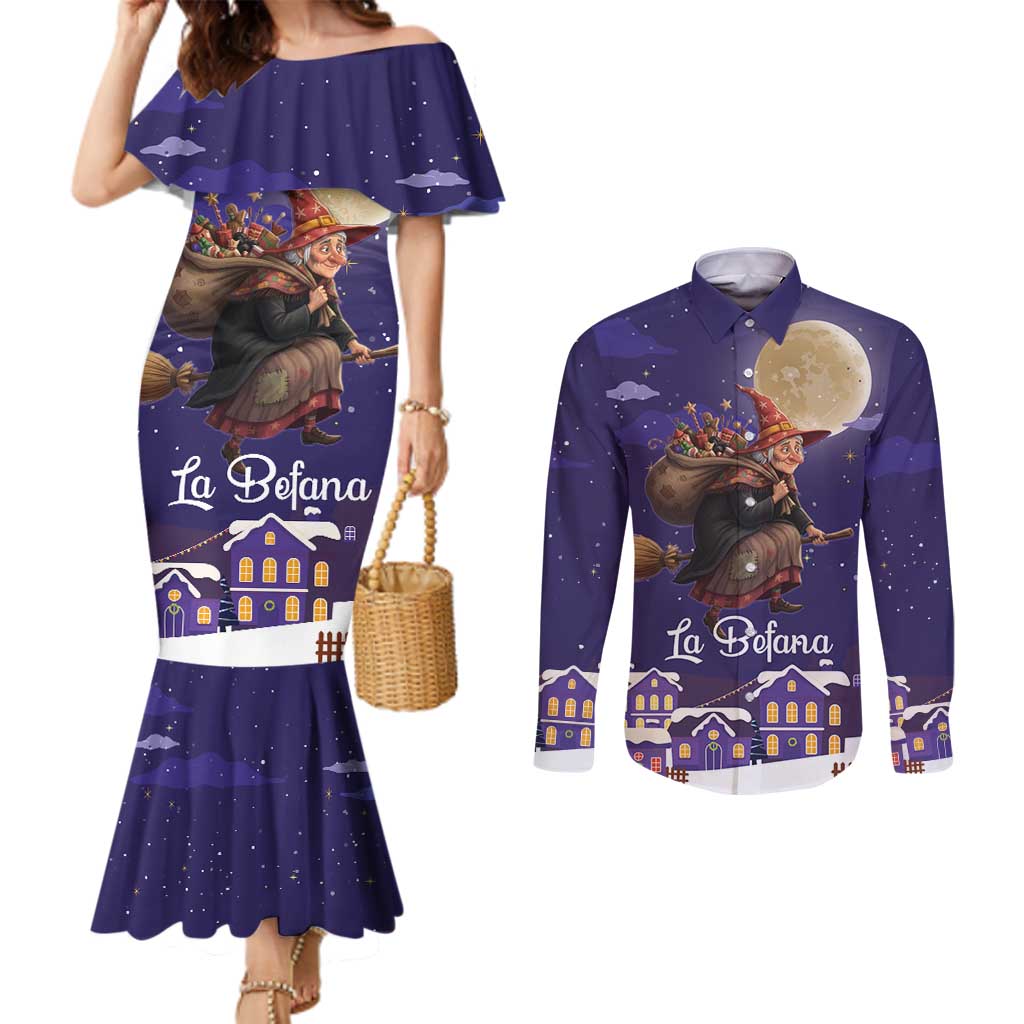 Italy Christmas Couples Matching Mermaid Dress and Long Sleeve Button Shirt La Befana Flying Over Winter Night - Wonder Print Shop