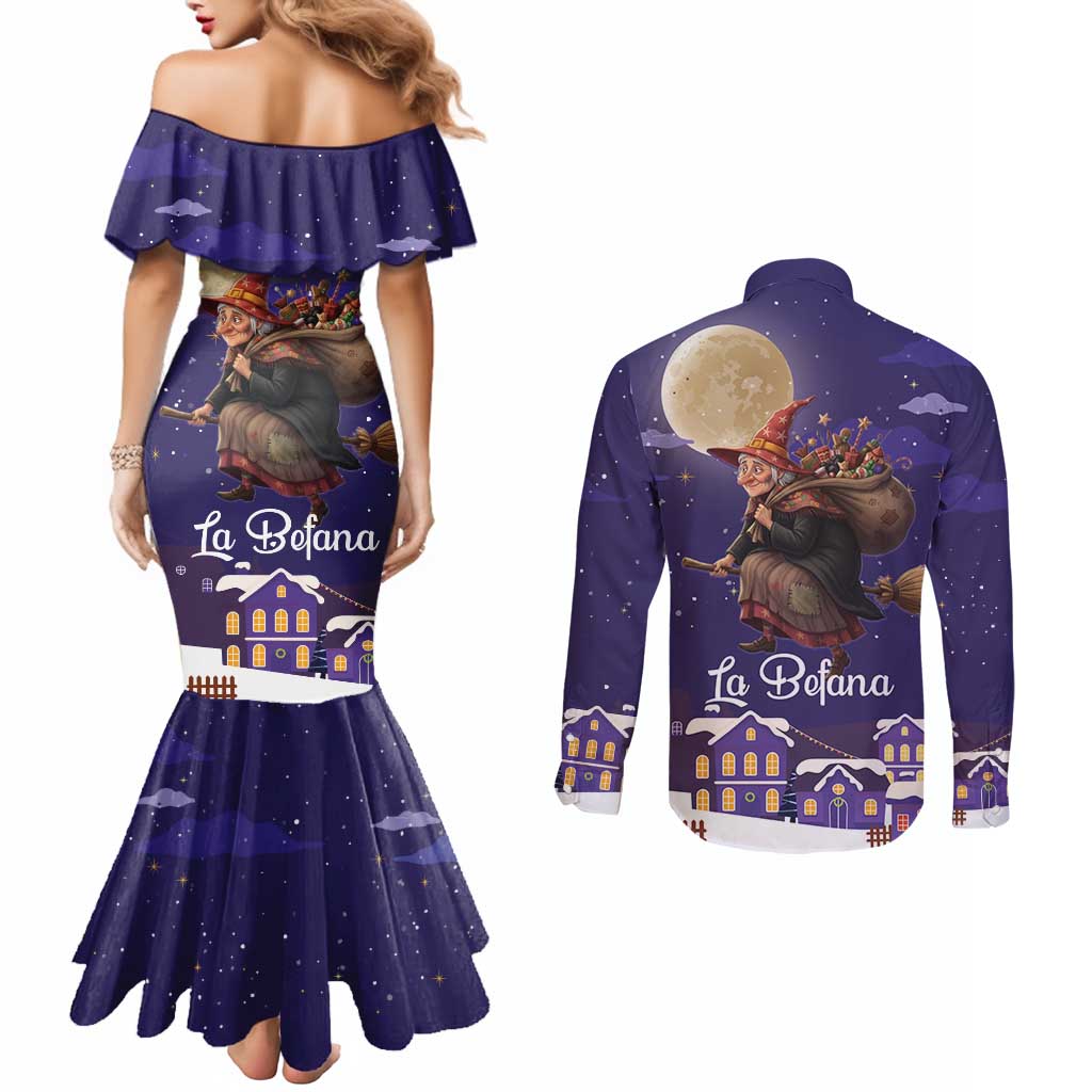 Italy Christmas Couples Matching Mermaid Dress and Long Sleeve Button Shirt La Befana Flying Over Winter Night - Wonder Print Shop