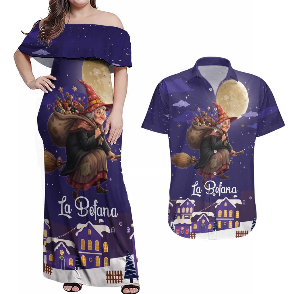 Italy Christmas Couples Matching Off Shoulder Maxi Dress and Hawaiian Shirt La Befana Flying Over Winter Night - Wonder Print Shop