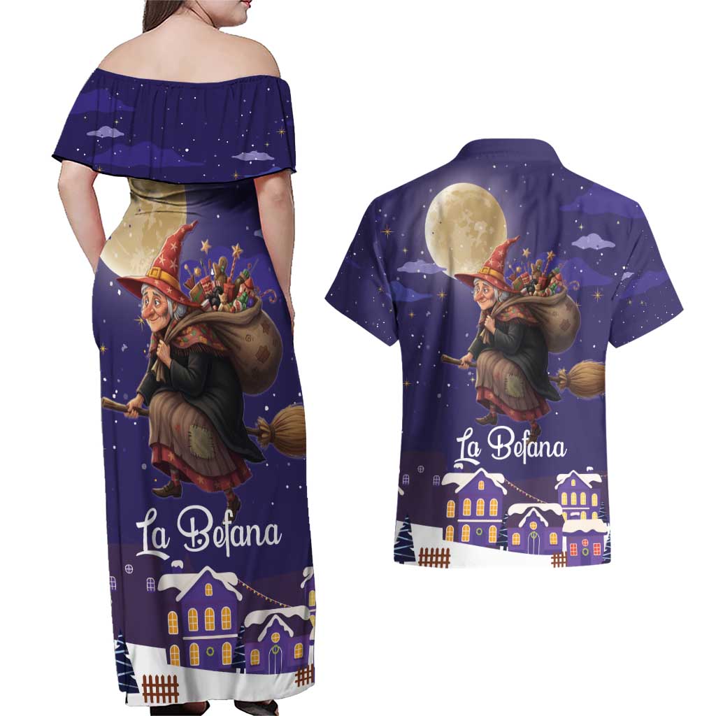Italy Christmas Couples Matching Off Shoulder Maxi Dress and Hawaiian Shirt La Befana Flying Over Winter Night - Wonder Print Shop
