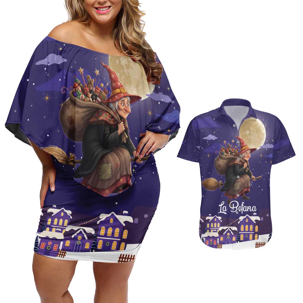 Italy Christmas Couples Matching Off Shoulder Short Dress and Hawaiian Shirt La Befana Flying Over Winter Night - Wonder Print Shop