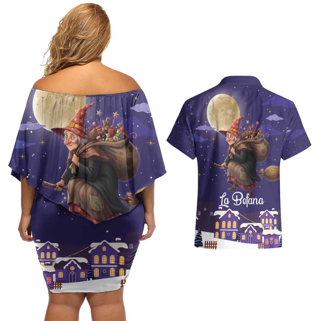 Italy Christmas Couples Matching Off Shoulder Short Dress and Hawaiian Shirt La Befana Flying Over Winter Night - Wonder Print Shop