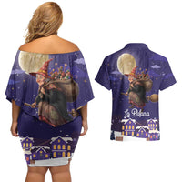 Italy Christmas Couples Matching Off Shoulder Short Dress and Hawaiian Shirt La Befana Flying Over Winter Night - Wonder Print Shop