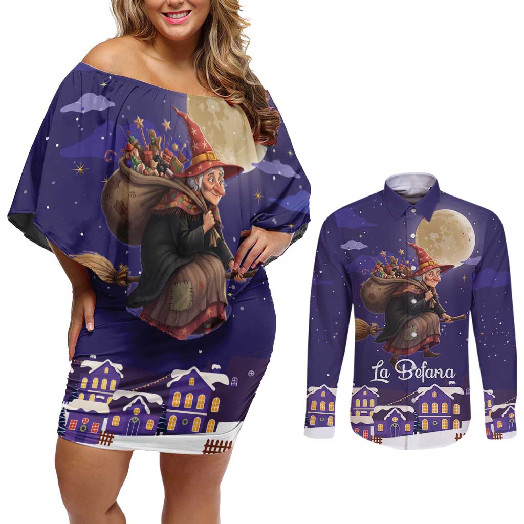 Italy Christmas Couples Matching Off Shoulder Short Dress and Long Sleeve Button Shirt La Befana Flying Over Winter Night - Wonder Print Shop