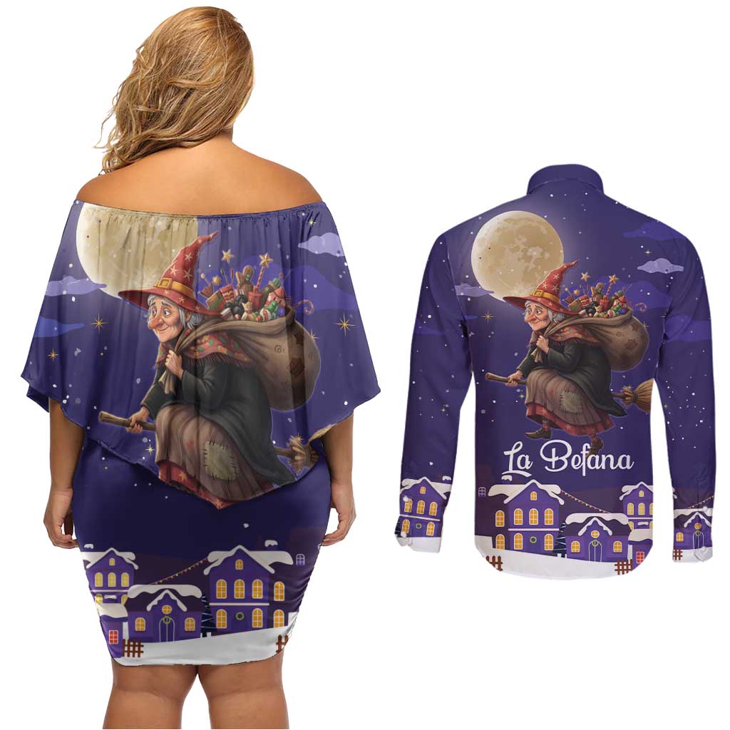 Italy Christmas Couples Matching Off Shoulder Short Dress and Long Sleeve Button Shirt La Befana Flying Over Winter Night - Wonder Print Shop