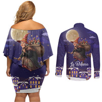 Italy Christmas Couples Matching Off Shoulder Short Dress and Long Sleeve Button Shirt La Befana Flying Over Winter Night - Wonder Print Shop