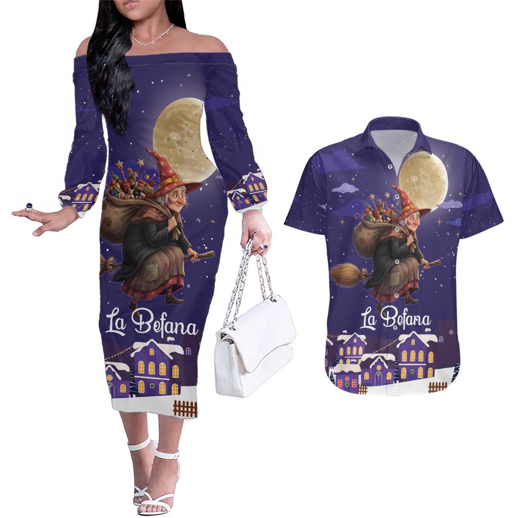 Italy Christmas Couples Matching Off The Shoulder Long Sleeve Dress and Hawaiian Shirt La Befana Flying Over Winter Night - Wonder Print Shop