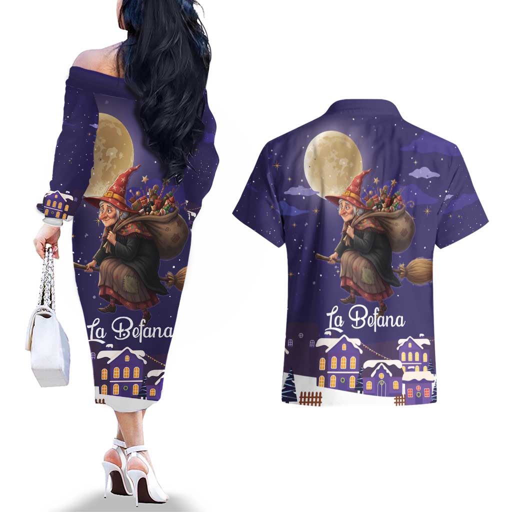 Italy Christmas Couples Matching Off The Shoulder Long Sleeve Dress and Hawaiian Shirt La Befana Flying Over Winter Night - Wonder Print Shop