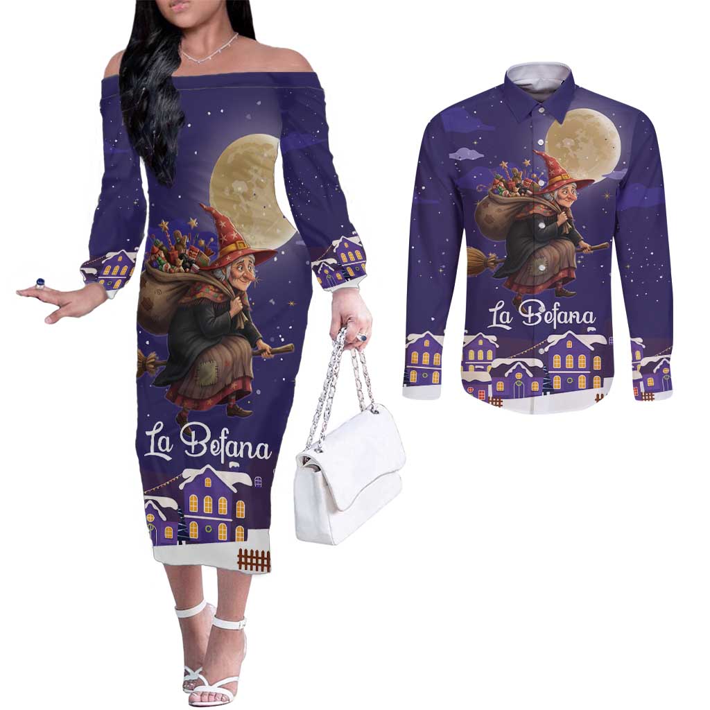 Italy Christmas Couples Matching Off The Shoulder Long Sleeve Dress and Long Sleeve Button Shirt La Befana Flying Over Winter Night - Wonder Print Shop