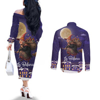 Italy Christmas Couples Matching Off The Shoulder Long Sleeve Dress and Long Sleeve Button Shirt La Befana Flying Over Winter Night - Wonder Print Shop