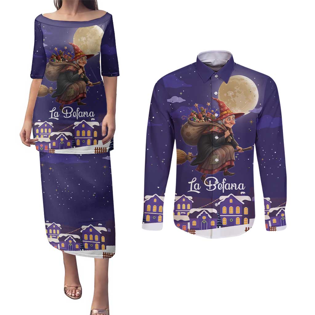 Italy Christmas Couples Matching Puletasi and Long Sleeve Button Shirt La Befana Flying Over Winter Night - Wonder Print Shop