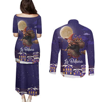 Italy Christmas Couples Matching Puletasi and Long Sleeve Button Shirt La Befana Flying Over Winter Night - Wonder Print Shop