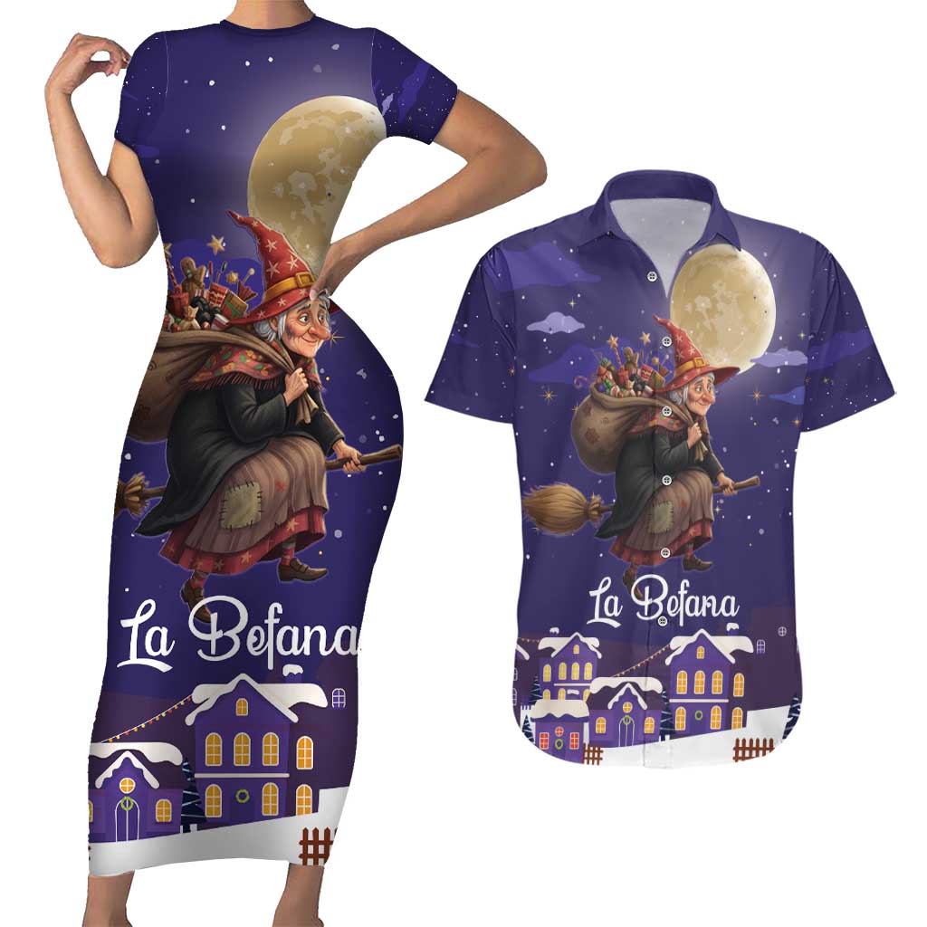 Italy Christmas Couples Matching Short Sleeve Bodycon Dress and Hawaiian Shirt La Befana Flying Over Winter Night - Wonder Print Shop