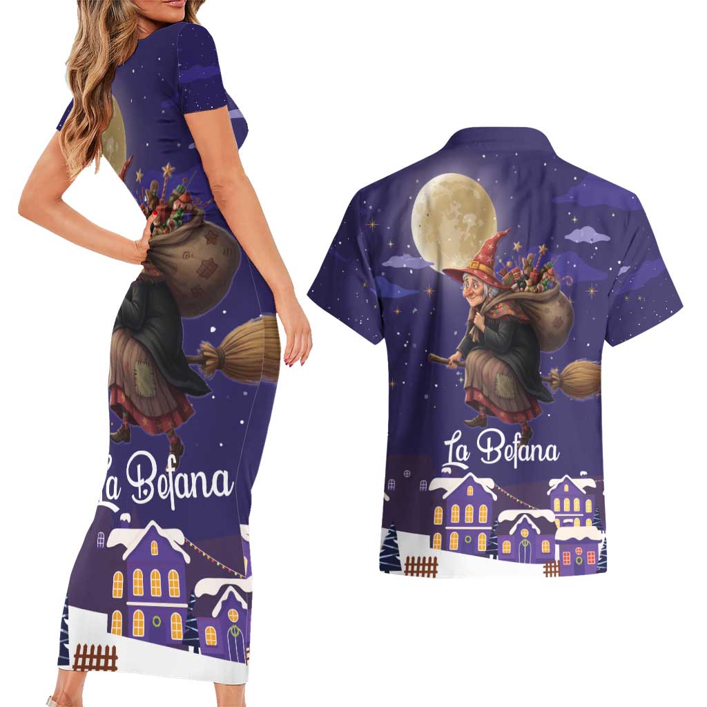 Italy Christmas Couples Matching Short Sleeve Bodycon Dress and Hawaiian Shirt La Befana Flying Over Winter Night - Wonder Print Shop