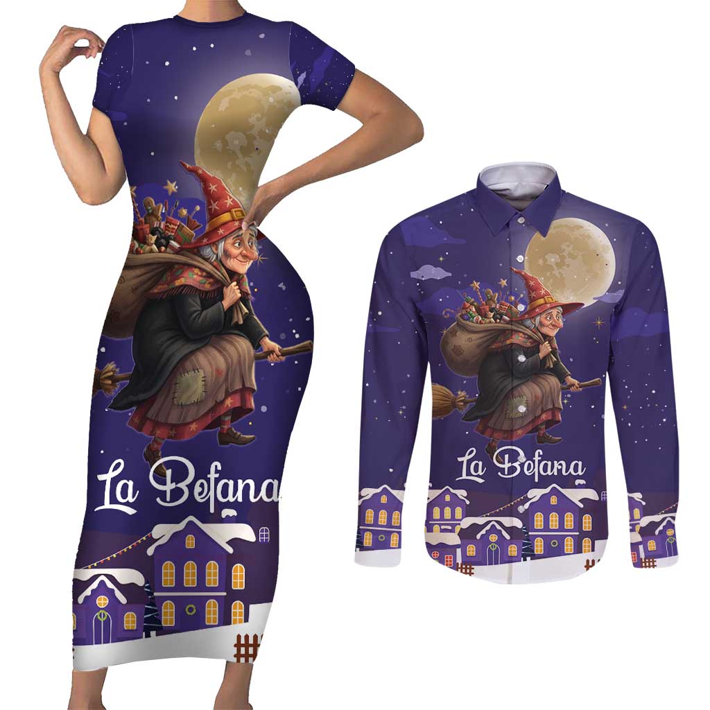 Italy Christmas Couples Matching Short Sleeve Bodycon Dress and Long Sleeve Button Shirt La Befana Flying Over Winter Night - Wonder Print Shop