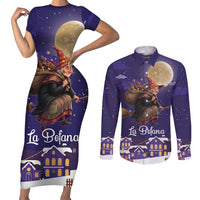 Italy Christmas Couples Matching Short Sleeve Bodycon Dress and Long Sleeve Button Shirt La Befana Flying Over Winter Night - Wonder Print Shop