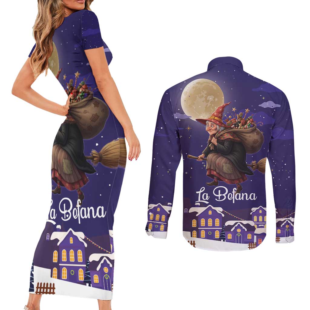 Italy Christmas Couples Matching Short Sleeve Bodycon Dress and Long Sleeve Button Shirt La Befana Flying Over Winter Night - Wonder Print Shop