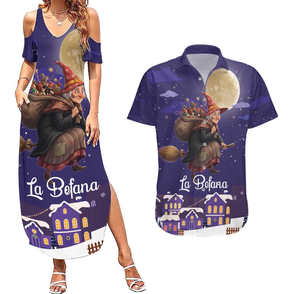 Italy Christmas Couples Matching Summer Maxi Dress and Hawaiian Shirt La Befana Flying Over Winter Night - Wonder Print Shop