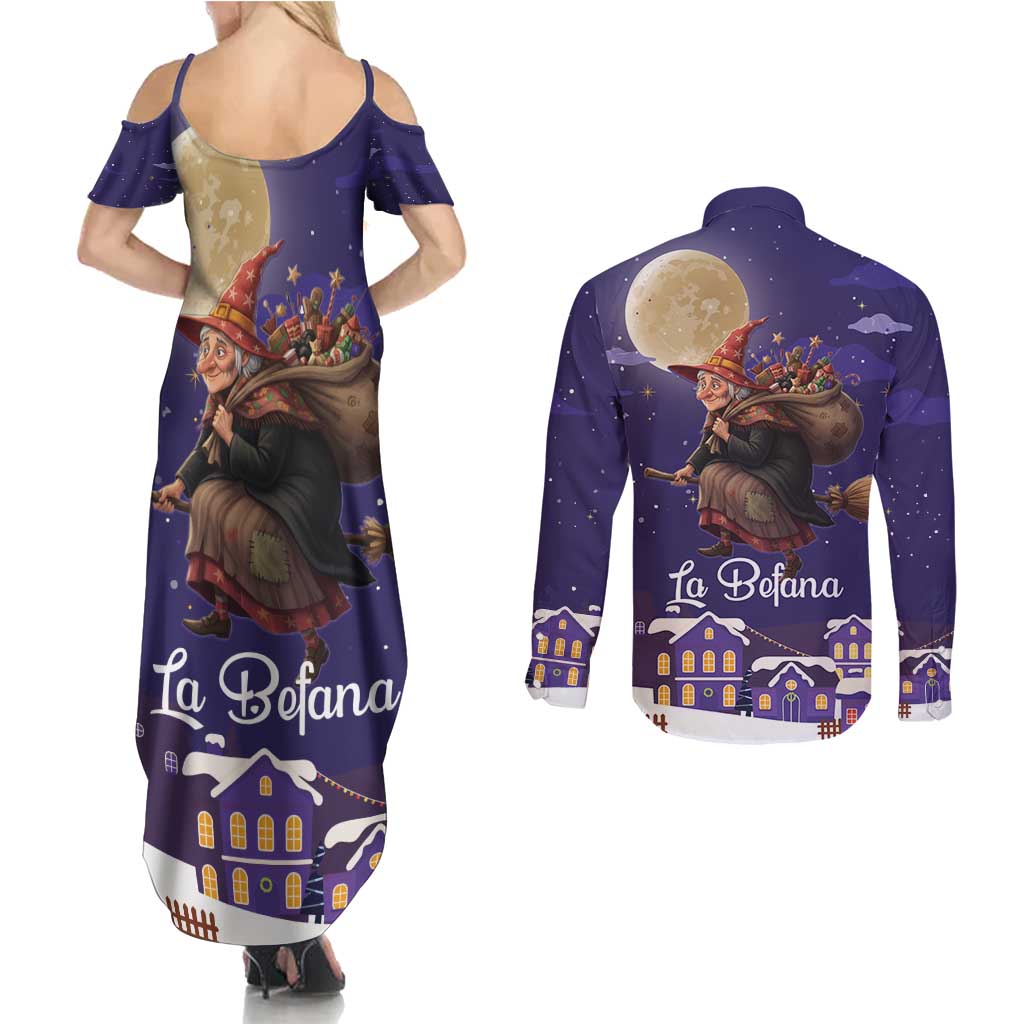 Italy Christmas Couples Matching Summer Maxi Dress and Long Sleeve Button Shirt La Befana Flying Over Winter Night - Wonder Print Shop