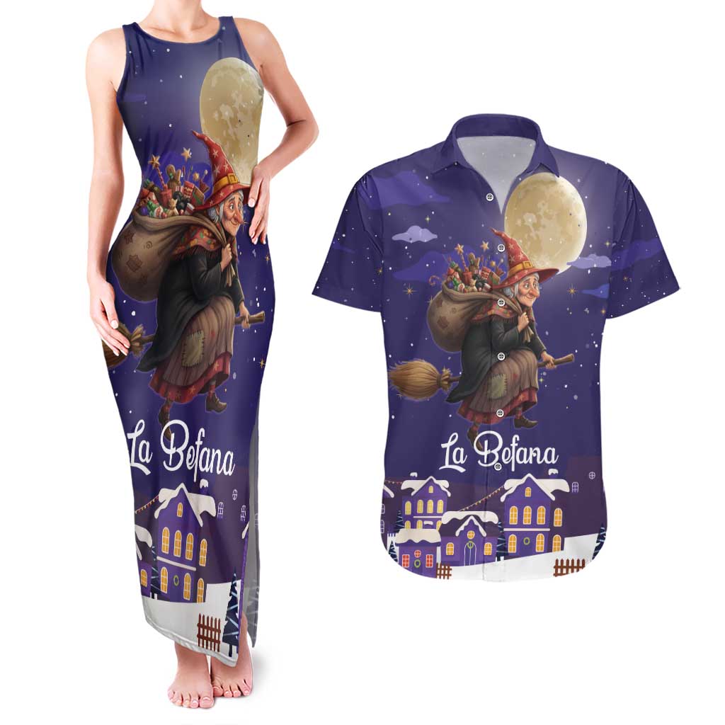 Italy Christmas Couples Matching Tank Maxi Dress and Hawaiian Shirt La Befana Flying Over Winter Night - Wonder Print Shop