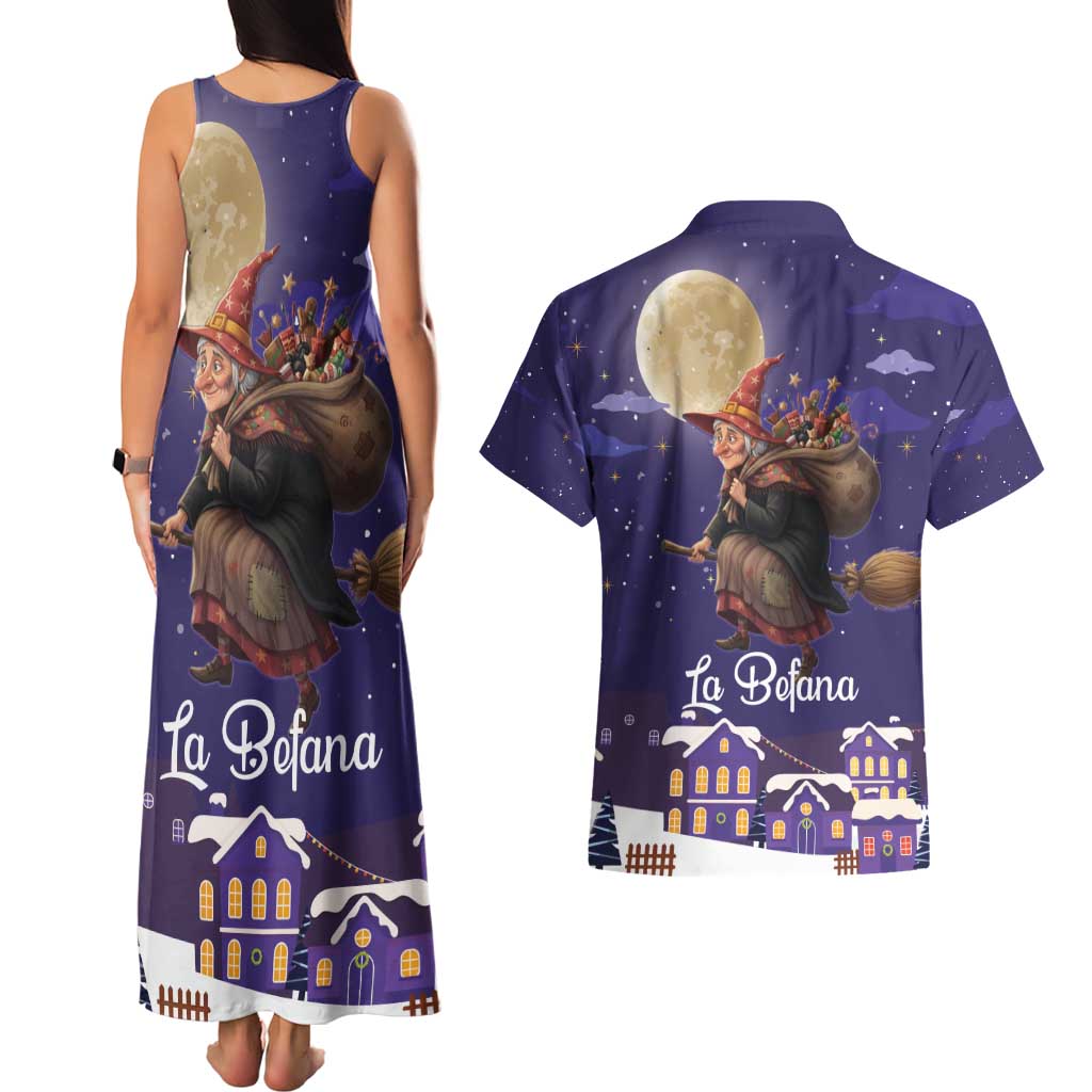 Italy Christmas Couples Matching Tank Maxi Dress and Hawaiian Shirt La Befana Flying Over Winter Night - Wonder Print Shop