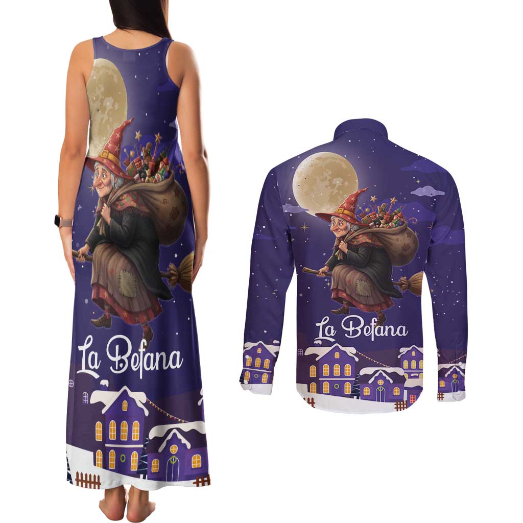 Italy Christmas Couples Matching Tank Maxi Dress and Long Sleeve Button Shirt La Befana Flying Over Winter Night - Wonder Print Shop