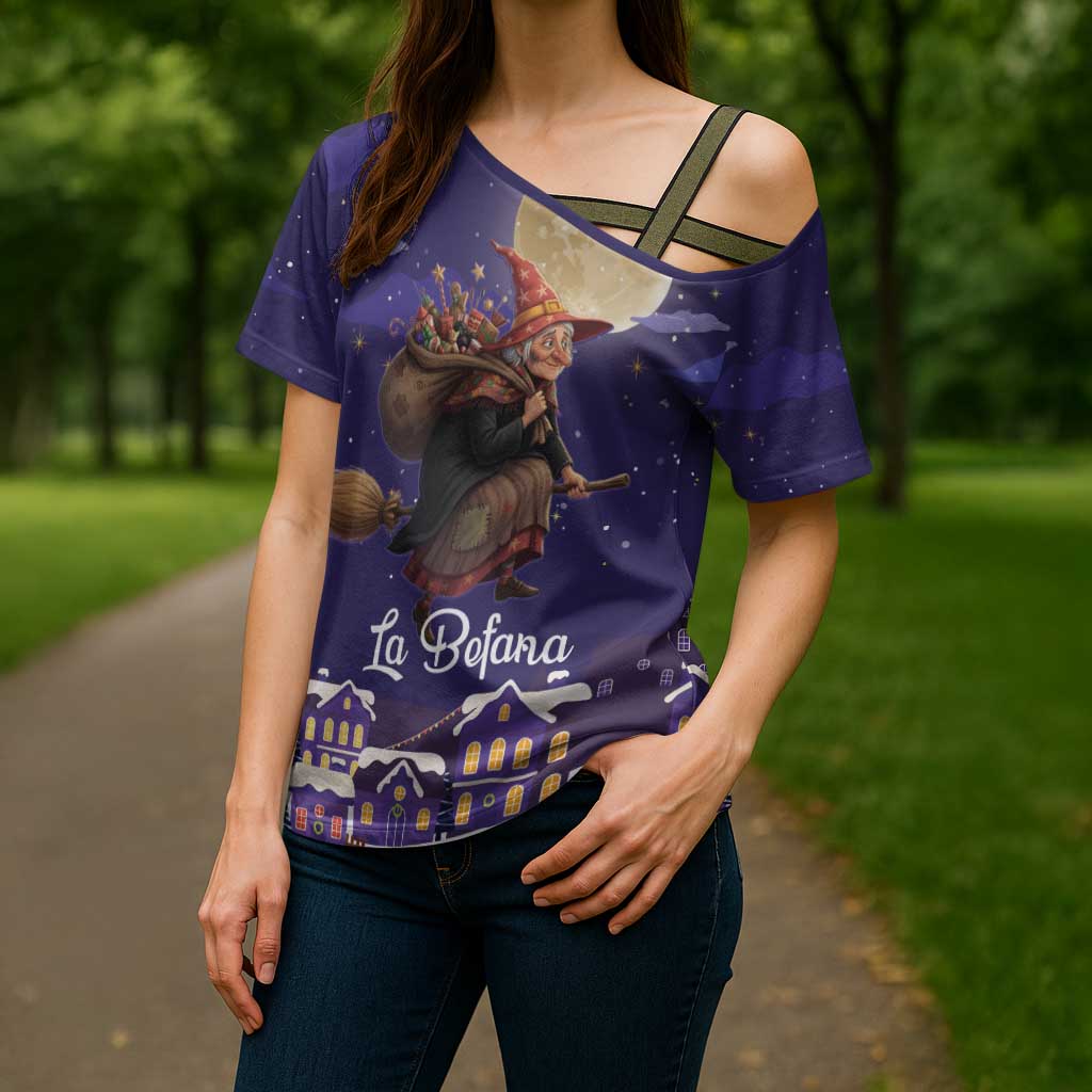 Italy Christmas Cross Shoulder Shirt La Befana Flying Over Winter Night - Wonder Print Shop